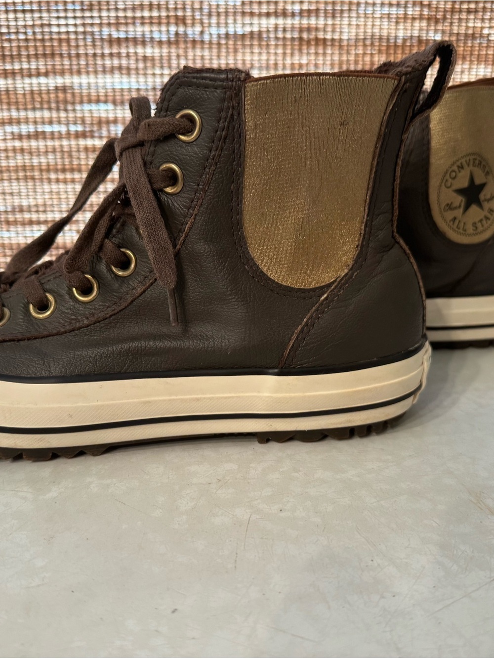Chuck Taylor Leather Converse Brown High-Top Sneakers with White Toe Caps - Picture 10 of 10